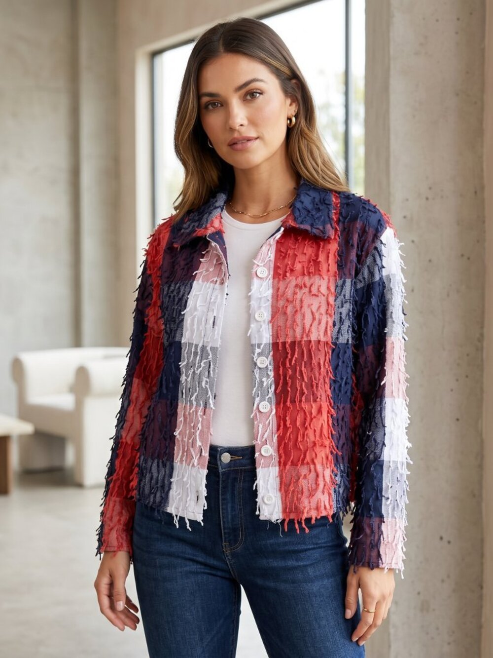 VTG Shaggy Blazer Jacket 90s Y2K Red Blue‎ L Western Artsy Boho Coastal Cowgirl